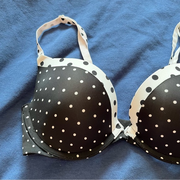 PINK Campus Push Up Bra Underwire Padded Polka Dot Black White Size 32C - Picture 2 of 11